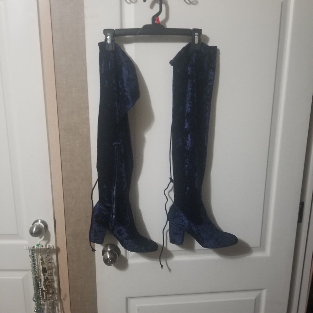 Size 9W Navy Blue Crushed Velvet Over-the-Knee boots